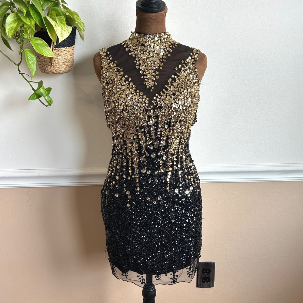Alyce Paris Gold Black Sequin Beaded Ombre Open Back Mini Dress Size 2